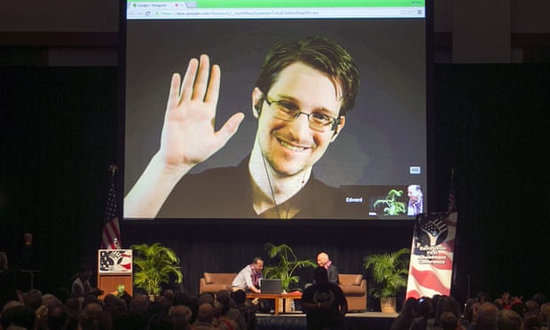 Edward Snowden appears on live video feed broadcast from Moscow.