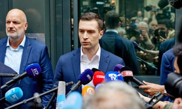 French far right party president and lead MEP, Jordan Bardella, speaks to the media on Monday.