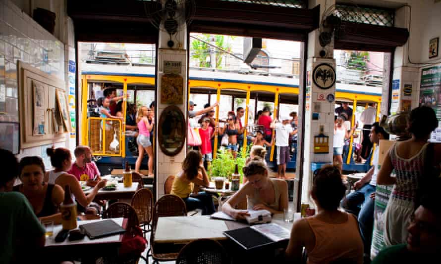 Bar do Mineiro in Santa Teresa, with the neighbourhood’s historic streetcar in background.