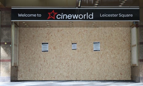 The boarded-up doors of the closed Cineworld cinema in Leicester Square, London