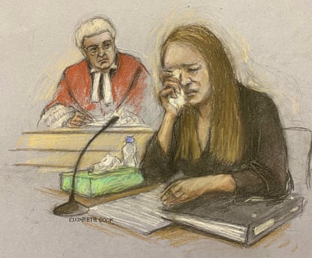 Sketch by Elizabeth Cook, a court artist, of Lucy Letby crying in the dock at Manchester crown court.