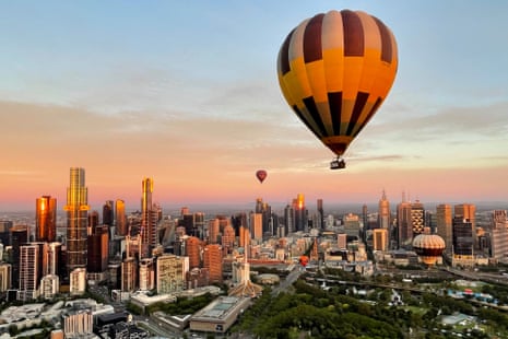 A hot air balloon over Melbourne skyline