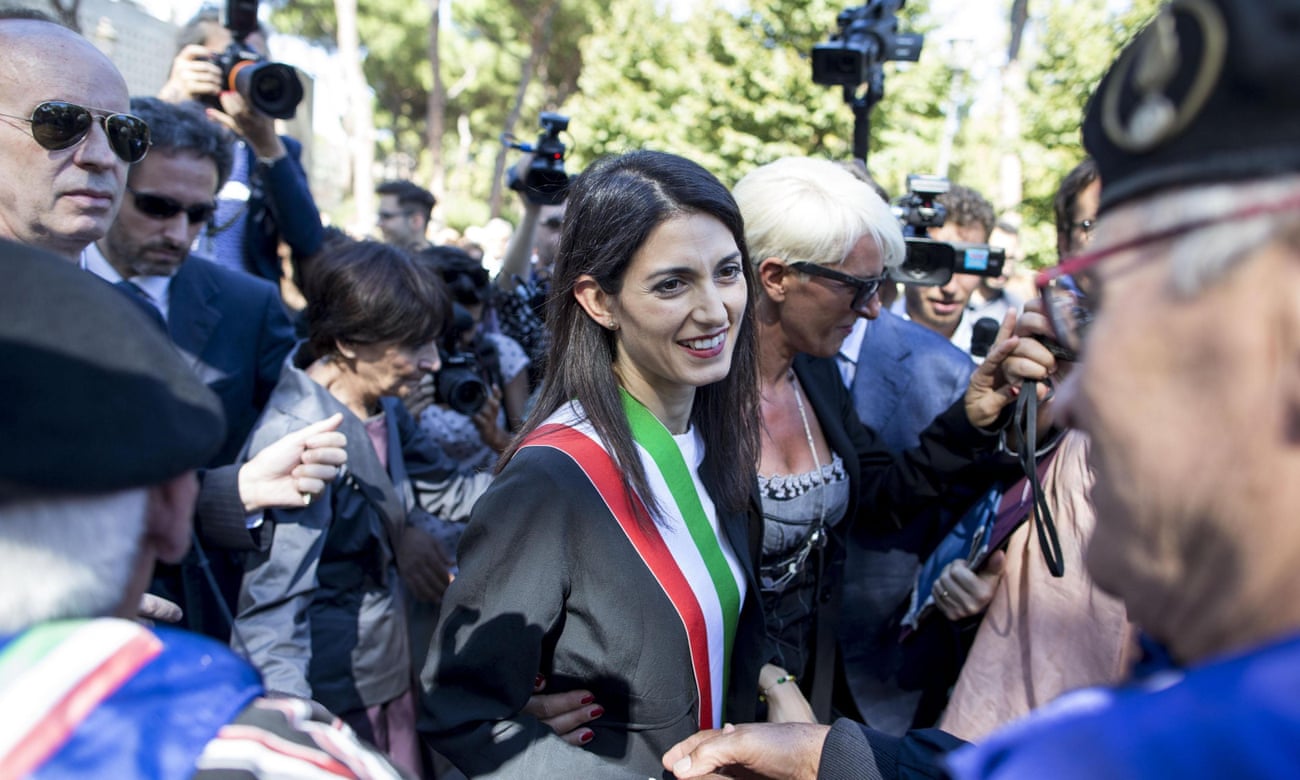 Virginia Raggi at a ceremony for the 73rd anniversary of an Italian defence of Rome during the second world war.