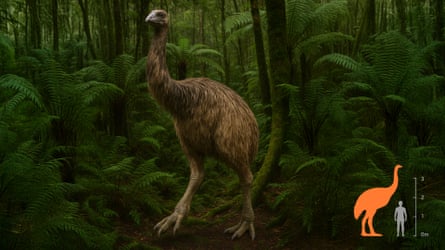 An illustration of a giant bird in a fern-like jungle with a small diagram of a bird next to a person and a three-metre scale in the corner
