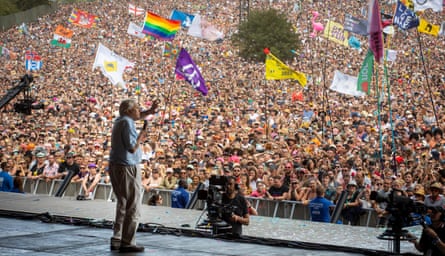 David Attenborough addresses the crowds from the Pyramid Stage. Glastonbury Festival, 2019