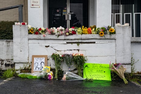 A makeshift memorial sits outside of Gold Spa following the deadly shootings in Atlanta, Georgia.