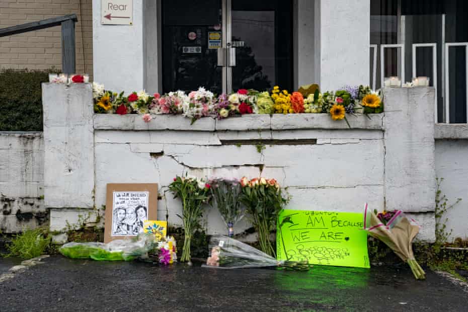 A makeshift memorial sits outside of Gold Spa following the deadly shootings in Atlanta, Georgia.