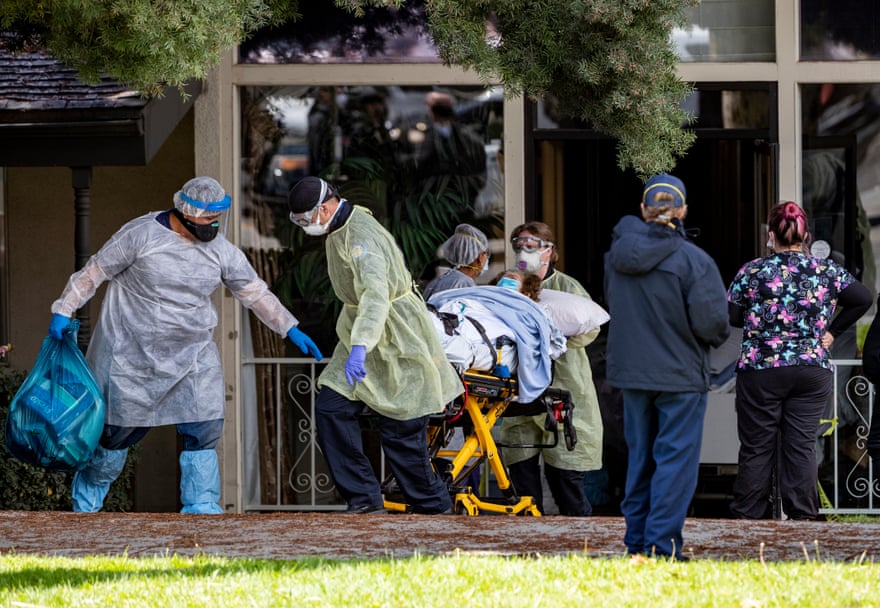 Patients are removed from Magnolia Rehabilitation and Nursing Center in Riverside, California, after 39 tested positive for coronavirus and nursing staff was not showing up to work for their own safety.