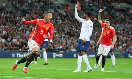 Rodrigo celebrates scoring what proved to be Spain’s winner against England at Wembley.
