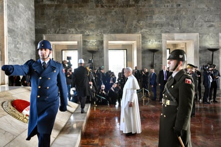 Pope Leo attending a wreath-laying ceremony at Ataturk’s mausoleum in Ankara.