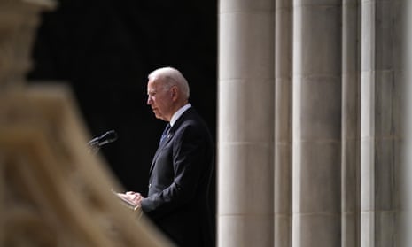 President Joe Biden speaks during the funeral service for former Virginia senator John Warner at the Washington National Cathedral on Wednesday.