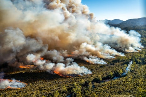 A large bushfire burns in Tasmania, Australia