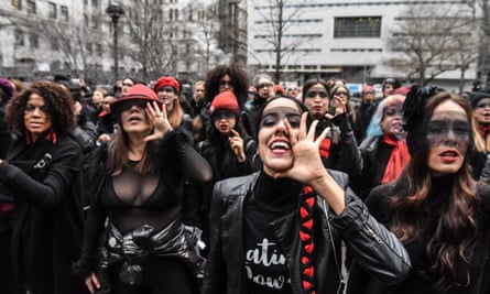 Women inspired by the Chilean feminist group Las Tesis protest outside New York City criminal court during Harvey Weinstein’s trial in January.