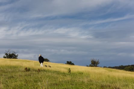 Farmer Bruce Pascoe, bearded and in a black jacket, stands on a green hillside in East Gippsland