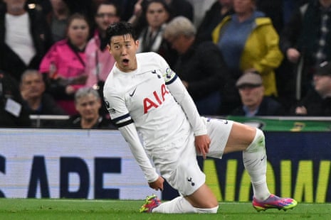 Tottenham Hotspur’s South Korean striker Son Heung-Min celebrates after scoring.