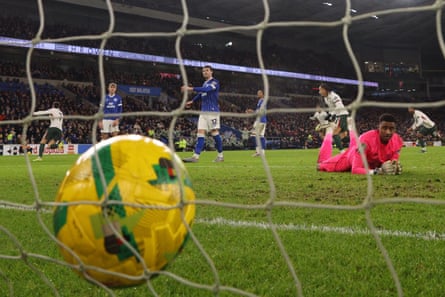 Cardiff City’s Nathan Trott sees a shot from Chelsea’s Pedro Neto hit the back of his net.