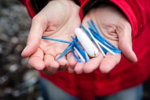 Plastic cotton buds and a tampon applicator found on Kilninian beach, Isle of Mull