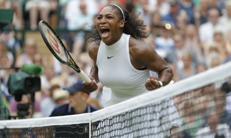 Serena Williams celebrates winning the first set.