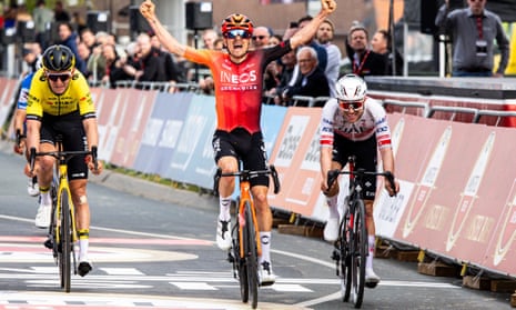 British rider Thomas Pidcock crosses the finish line to win the Amstel Gold Race