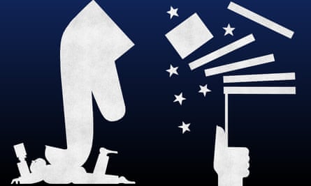 An illustration against a black-blue backdrop of a white hand and pointer finger pressing down on a person, next to stars and stripes in disarray.