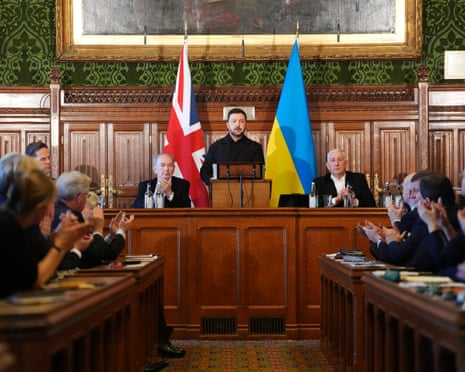 Ukrainian president Volodymyr Zelenskyy delivers a speech to members of the UK parliament in London.