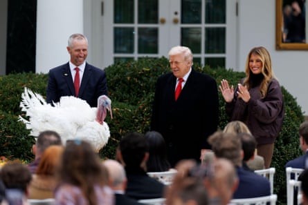Trump centre, Melania applauding to his left and large white turkey to his right and seated audience in foreground