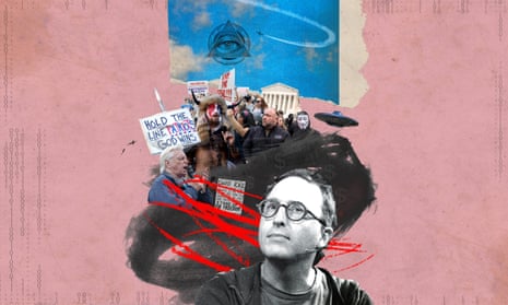 A photo montage/ illustration of Jon Ronson and a trail of conspiracy theorists behind him