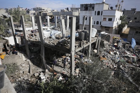 An aerial view of destroyed buildings as a result of the Israeli attack on Nuseirat refugee camp in Deir al-Balah, Gaza.