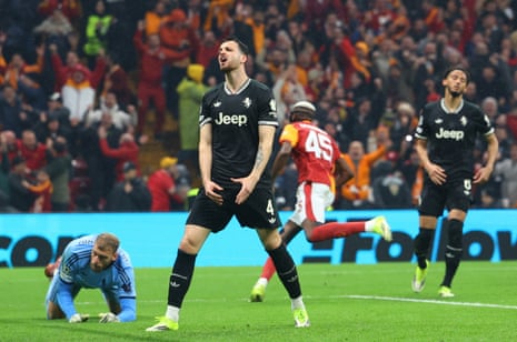 Juventus' Federico Gatti looks dejected after Galatasaray's Sacha Boey scores their fifth goal.