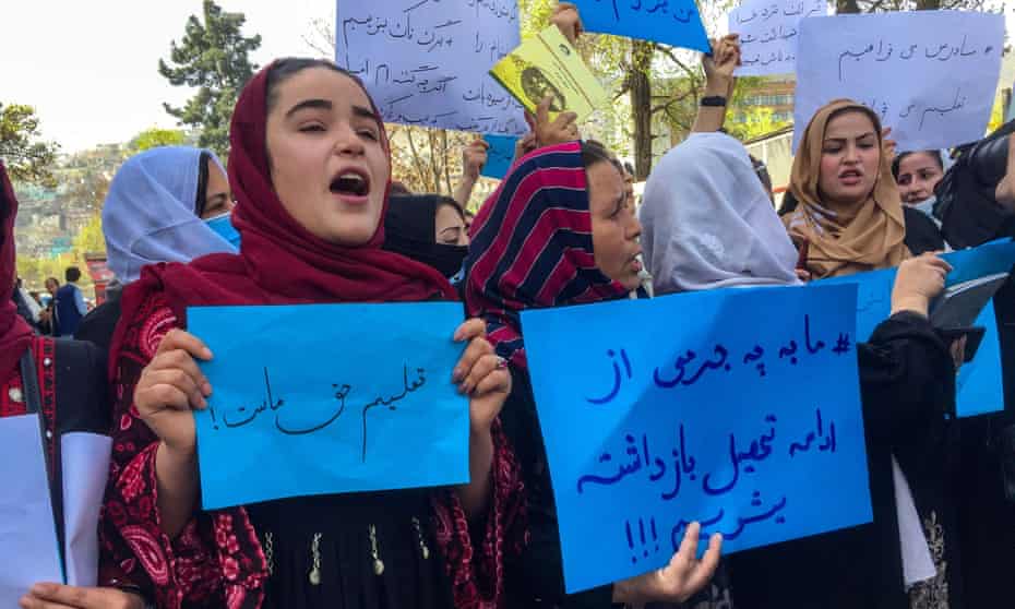 Afghan teachers protest against the Taliban’s closure of classes to older girls.