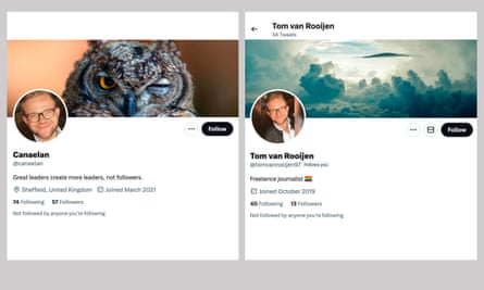 Canaelan’s Twitter bio (left) was taken from the real Twitter page of Tom Van Rooijen, a journalist in the Netherlands.
