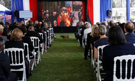 Guests attend a live screening of Queen Elizabeth’s funeral at the British high commissioner’s residence in Nairobi, Kenya.
