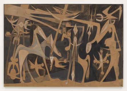 a painting of elongated and curved figures