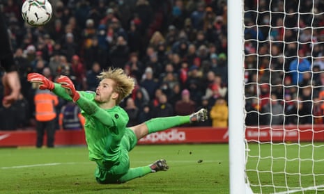 Liverpool’s Caoimhin Kelleher makes in the Carabao Cup quarter-final against Leicester.