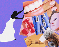 Illustration of a woman in a wedding dress pushing against beauty products and cosmetic procedures