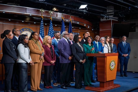 Members the Congressional Black Caucus, with Rep. Terri Sewell, D-Ala., speaking at lectern, meet with reporters in the wake of the Supreme Court ruling to strike down a majority Black congressional district in Louisiana, at the Capitol in Washington, April 29, 2026.