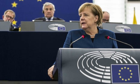 Angela Merkel delivers her speech at the European parliament in Strasbourg.