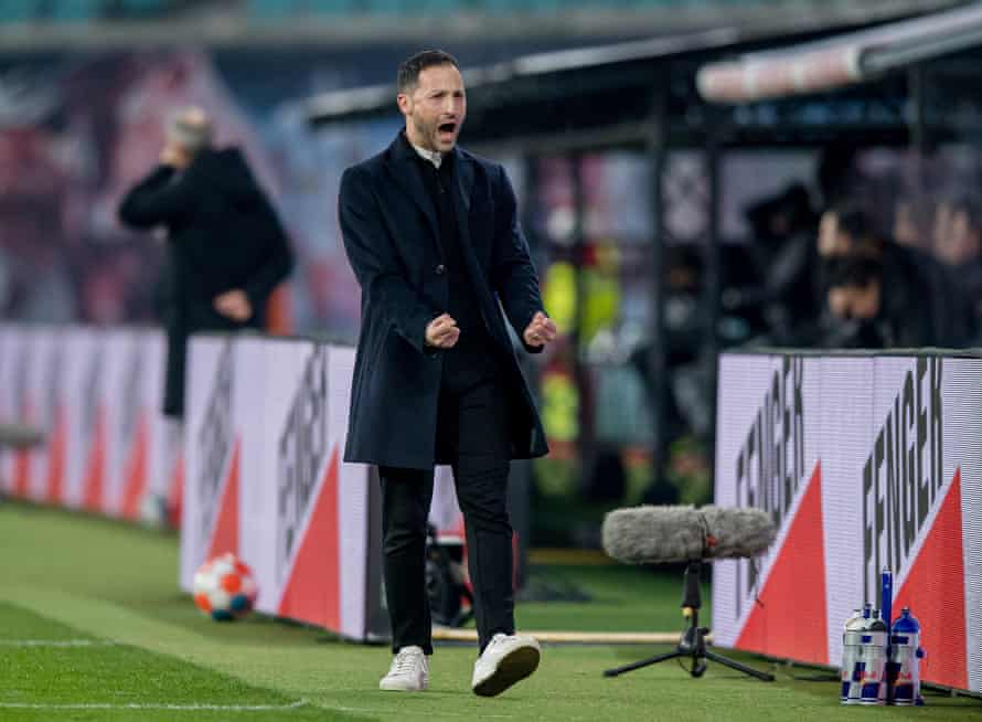 Domenico Tedesco celebrates on the sidelines at the Red Bull Arena