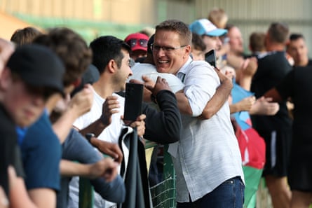 Dambrauskas embraces a Sabah fan after presiding over a 4-1 aggregate victory against The New Saints in Champions League qualifying Dambrauskas embraces a Sabah fan after presiding over a 4-1 aggregate victory against The New Saints in Champions League qualifying