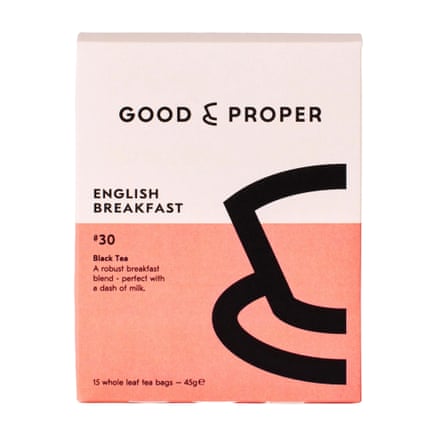 The front of a box of a brand of teabag called Good & Proper Tea English Breakfast teabags