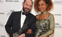 Ralph Fiennes with Sophie Okonedo, who won best actor and best actress at the Evening Standard theatre awards.