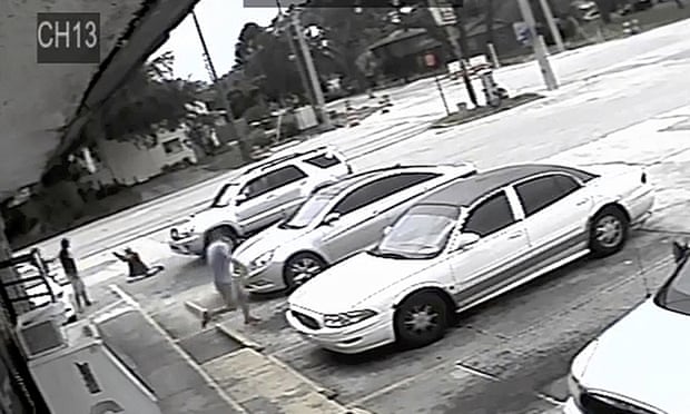 In this 19 July 2018 file frame from surveillance video released by the Pinellas county sheriff’s office shows the an altercation between Markeis McGlockton and Michael Drejka in Clearwater, Florida.