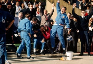 England physiotherapist Harold Shepherdson cheers for joy as England win the 1966 World Cup.