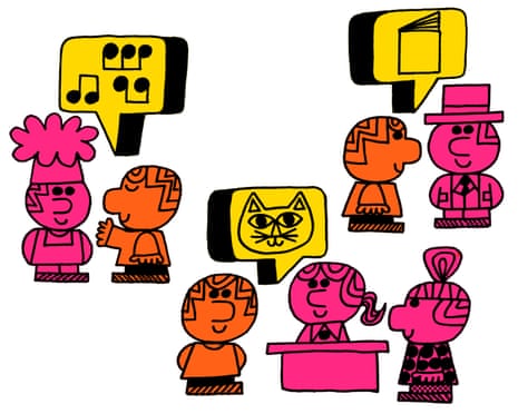 Illustration of people chatting about books, cats, music