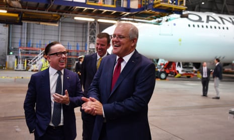 Prime minister Scott Morrison with Qantas CEO Alan Joyce during an aviation and tourism package announcement at Sydney airport, 11 March, 2021.