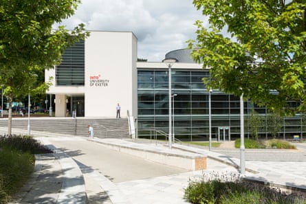 A modern building with glass front at the University of Exeter, Devon.
