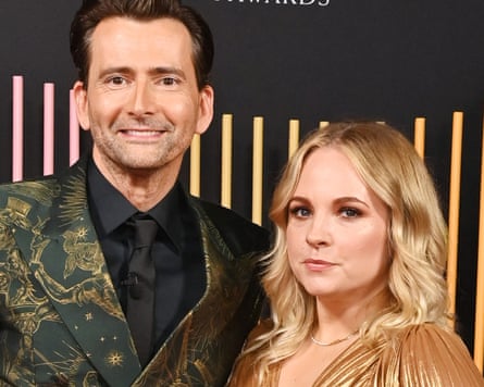 Clever family … JD Kirk’s Him, co-narrated by David Tennant, left, won best crime audiobook at the Speakies; while Georgia Tennant, right, accepted the best romance audiobook award for her narration of Jilly Cooper’s Rivals.