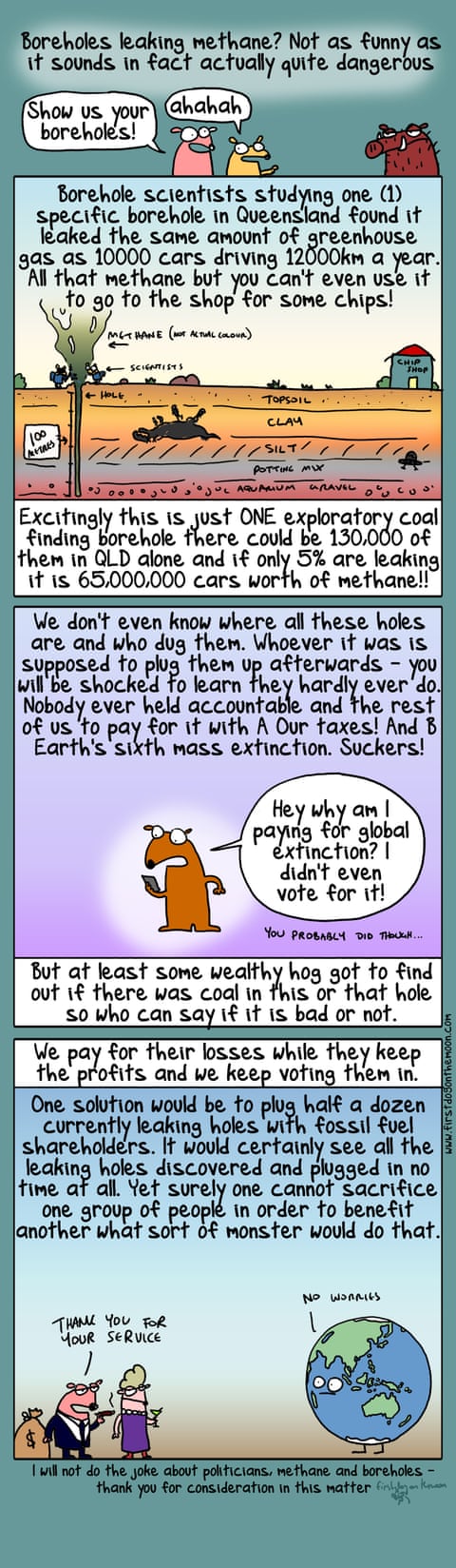 First Dog on the Moon comic about Bore Holes, panel 1