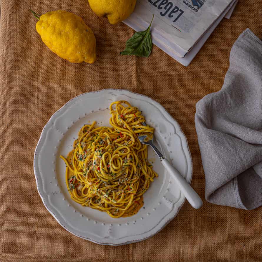 Tagliarini with dressed crab by Tim Siadatan.