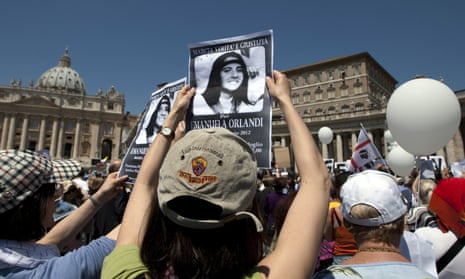 Protesters in 2012 hold pictures of Emanuela Orlandi, who was 15 when she went missing. The remains found recently belonged to an ancient Roman man.